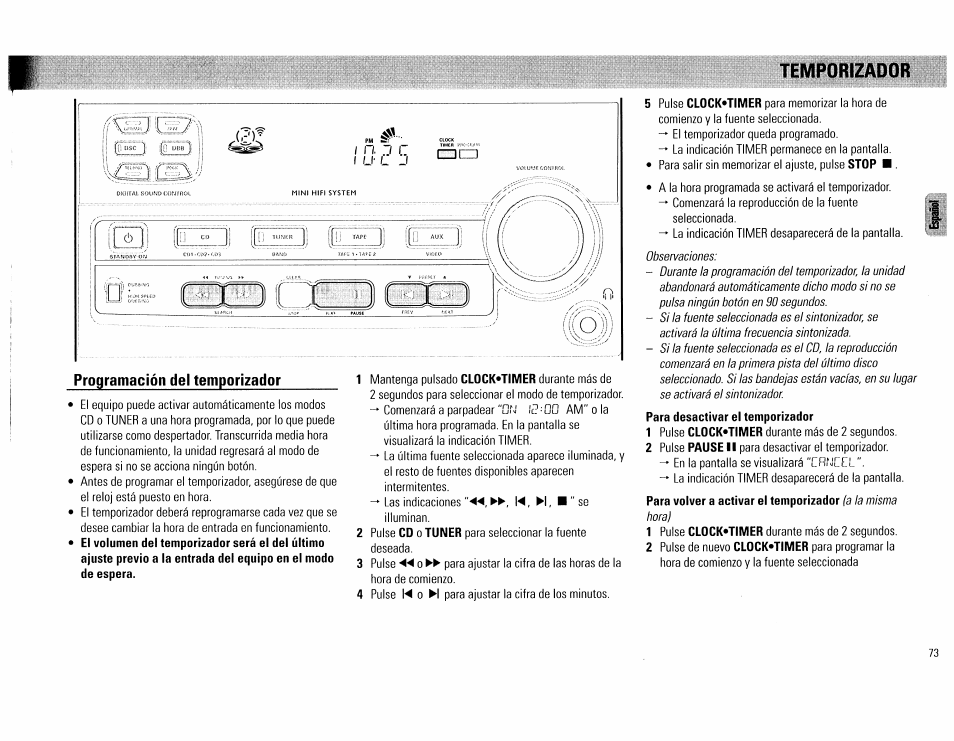 Programación del temporizador, Ql)i iíi, Iii íl:3j i | Ceth, Temporizador | Philips FW62C User Manual | Page 73 / 80