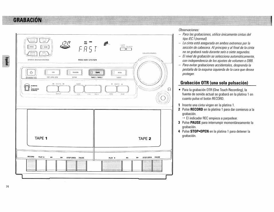 Grabación otr (una sola pulsación), Grabación | Philips FW62C User Manual | Page 74 / 80