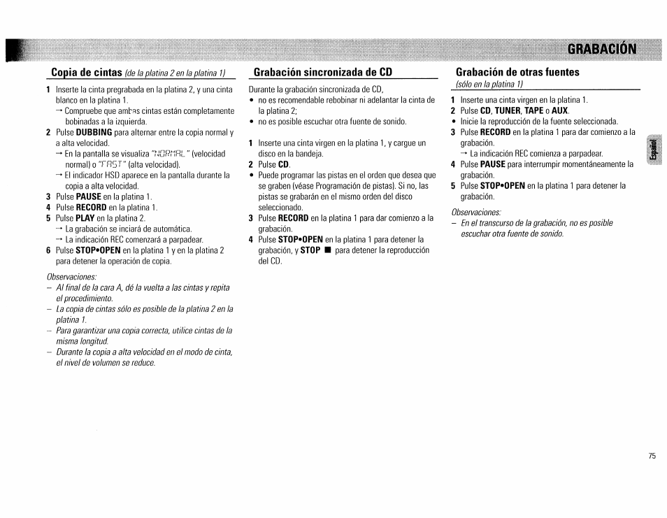 Grabación de otras fuentes, 2 pulse cd, tuner, tape o aux, Copia de cintas | Grabación sincronizada de cd, Grabación | Philips FW62C User Manual | Page 75 / 80
