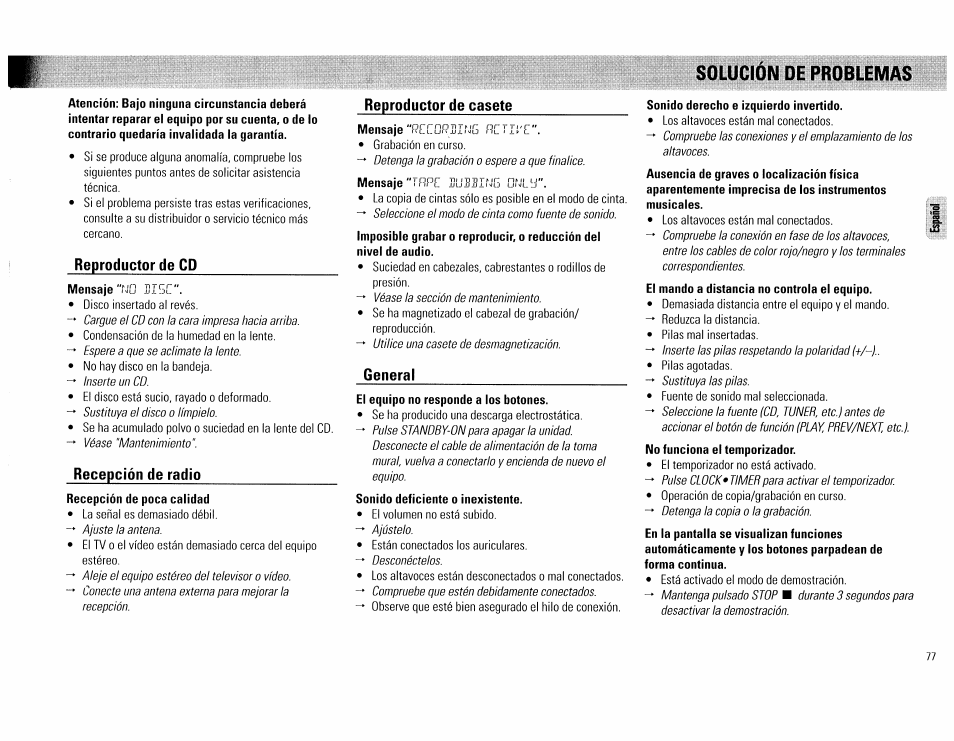 Reproductor de cd, Recepción de radio, Reproductor de casete | General, Solución de problemas | Philips FW62C User Manual | Page 77 / 80