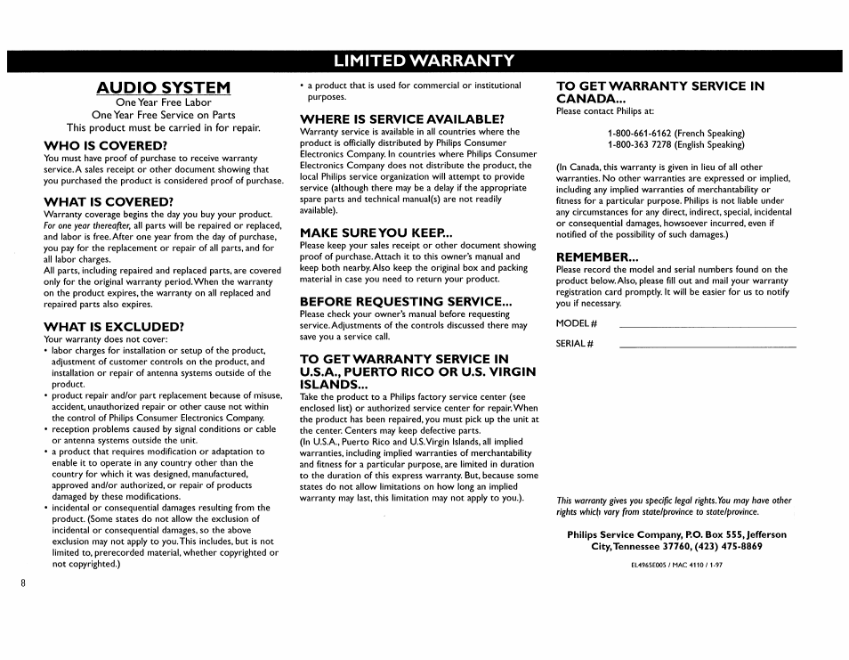 Who is covered, What is covered, What is excluded | Where is service available, Make sureyou keep, Before requesting service, To get warranty service in canada, Remember, Limited warranty audio system | Philips FW62C User Manual | Page 8 / 80
