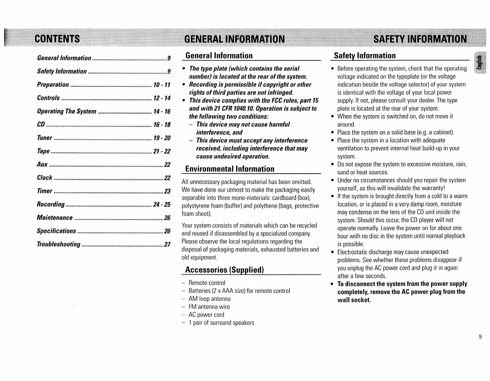 General information, Environmental information, Contents general information safety information | Philips FW62C User Manual | Page 9 / 80