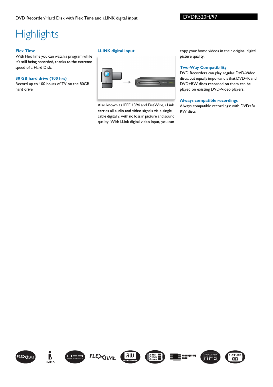 Highlights | Philips DVDR520H/97 User Manual | Page 2 / 3