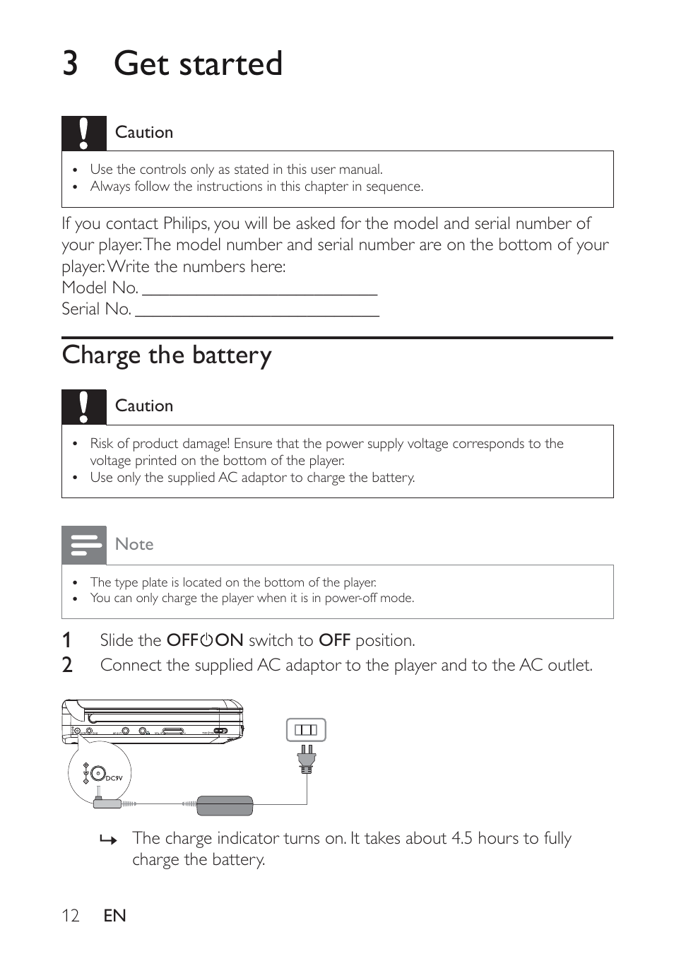 3 get started, Charge the battery | Philips PET721D/12 User Manual | Page 11 / 19