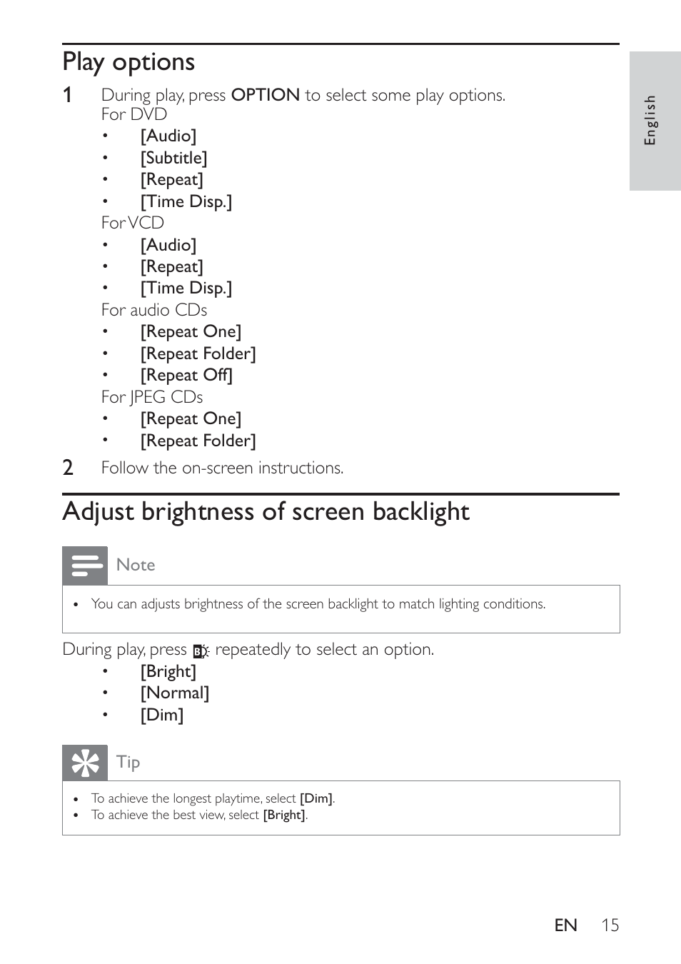 Play options, Adjust brightness of screen backlight | Philips PET721D/12 User Manual | Page 14 / 19