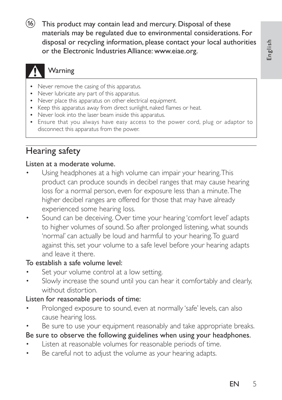Hearing safety | Philips PET721D/12 User Manual | Page 4 / 19