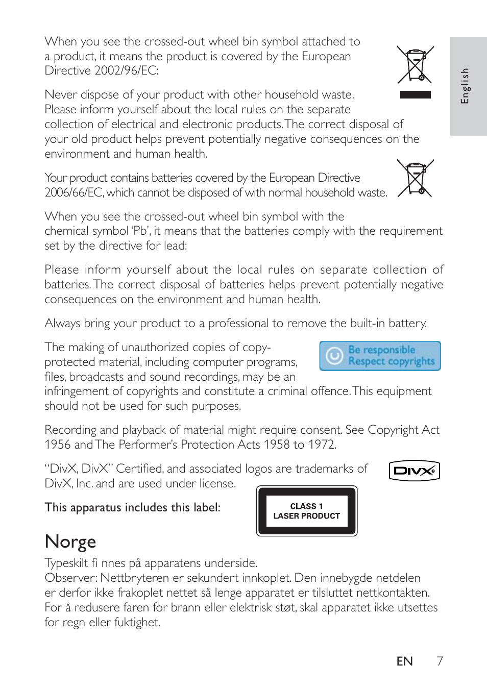 Norge | Philips PET721D/12 User Manual | Page 6 / 19