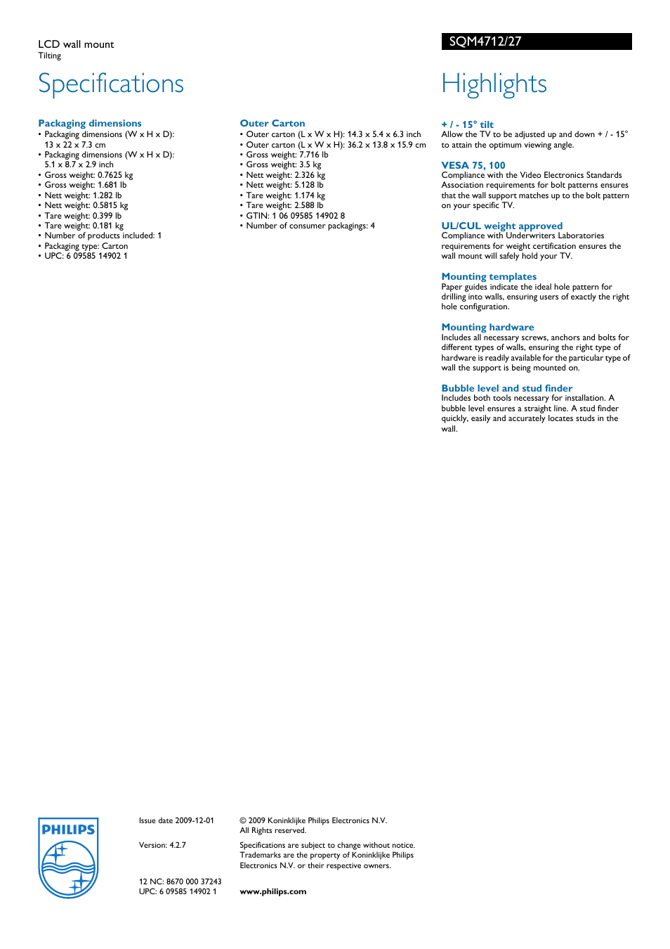 Specifications, Highlights | Philips SQM4712 User Manual | Page 2 / 2