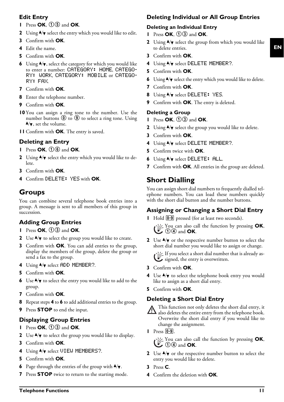 Edit entry, Deleting an entry, Groups | Adding group entries, Displaying group entries, Deleting individual or all group entries, Short dialling, Assigning or changing a short dial entry, Deleting a short dial entry, Groups short dialling | Philips MAGIC 5 MAGIC5 User Manual | Page 11 / 32