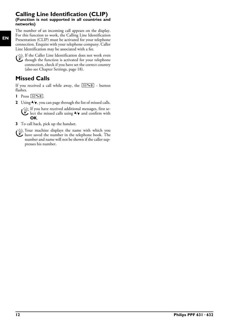 Calling line identification (clip), Missed calls, Calling line identification (clip) missed calls | Philips MAGIC 5 MAGIC5 User Manual | Page 12 / 32