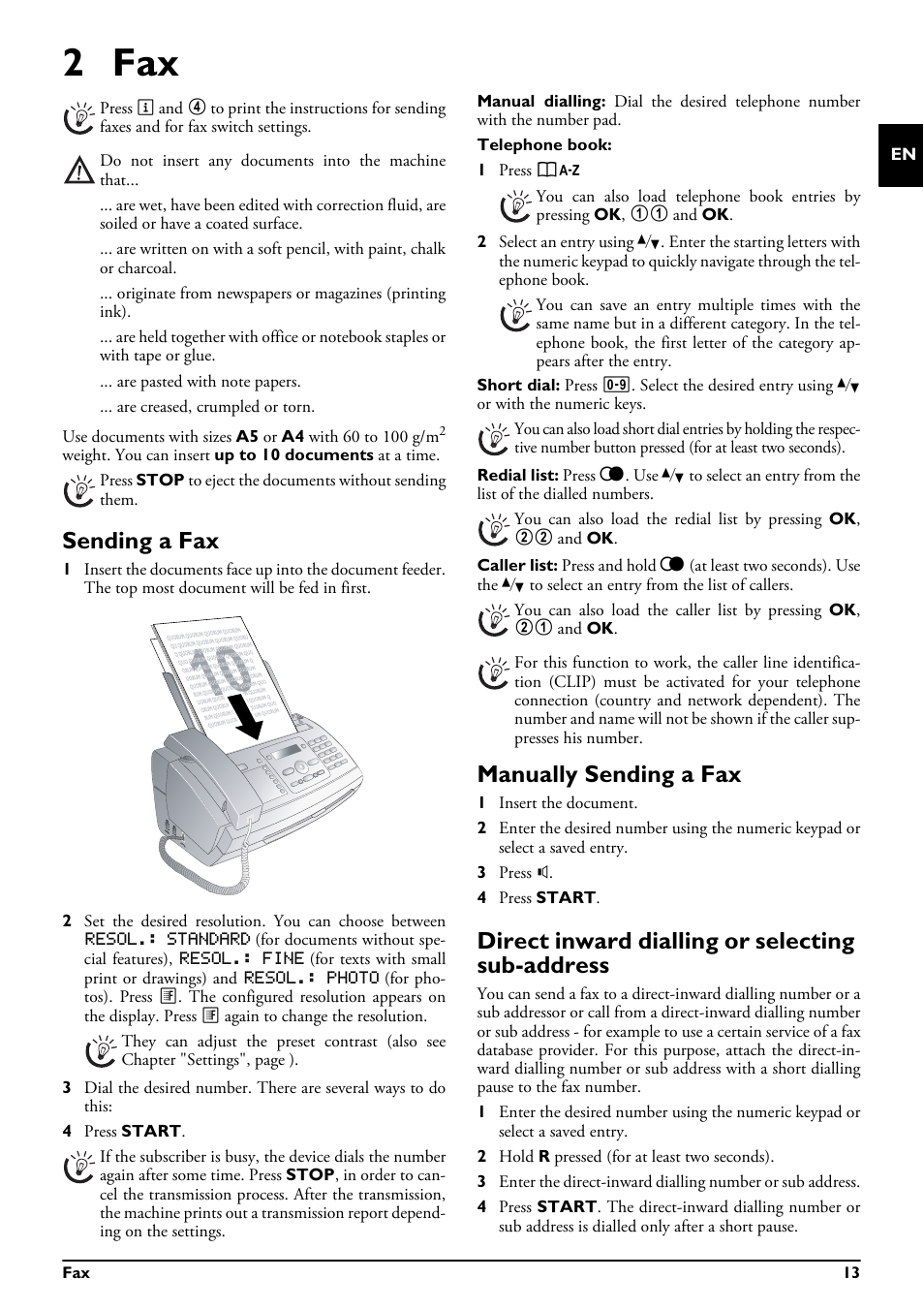 2 fax, Sending a fax, Manually sending a fax | Direct inward dialling or selecting sub-address | Philips MAGIC 5 MAGIC5 User Manual | Page 13 / 32