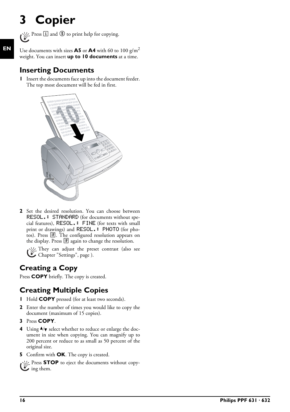 3 copier, Inserting documents, Creating a copy | Creating multiple copies | Philips MAGIC 5 MAGIC5 User Manual | Page 16 / 32