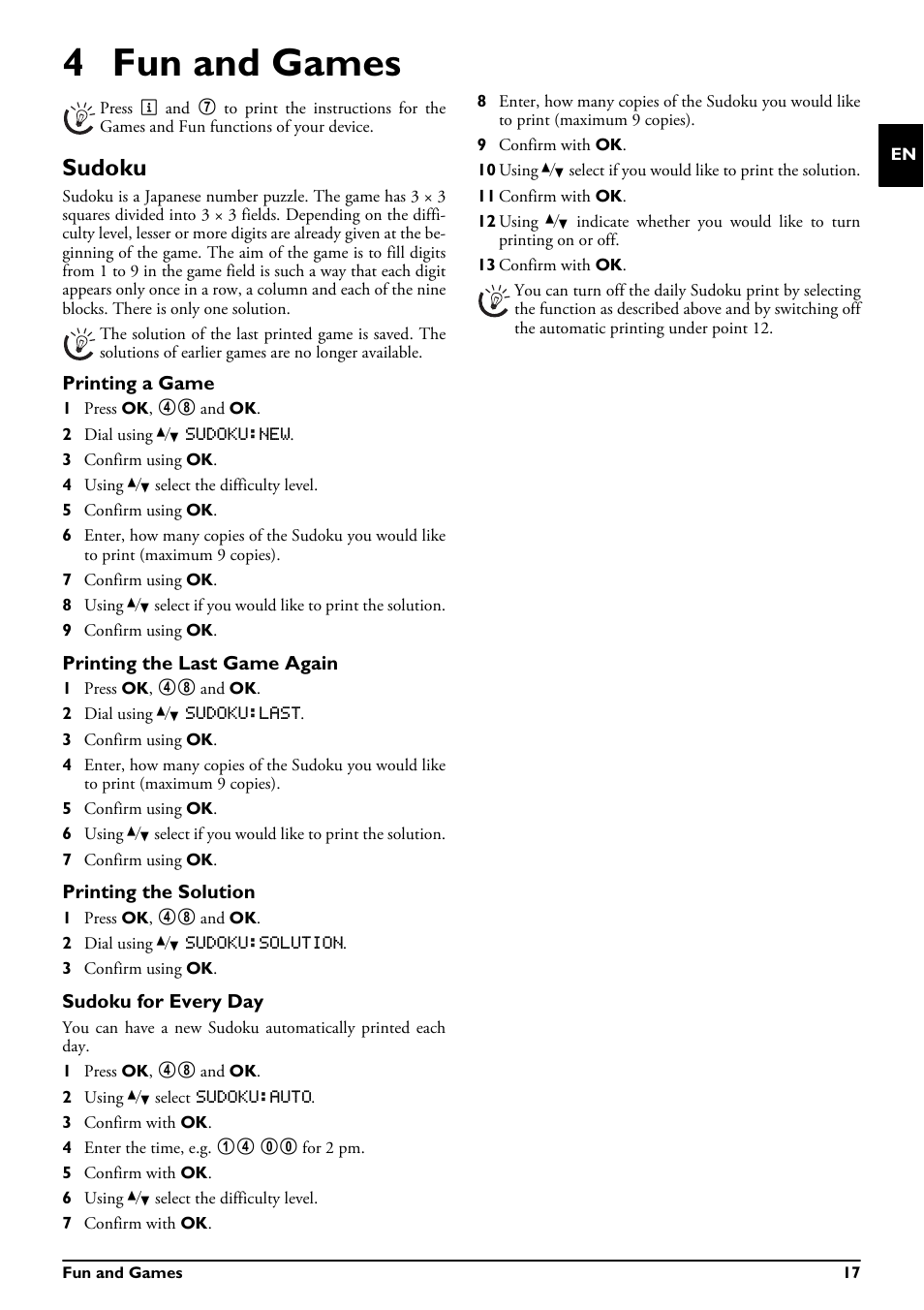 4 fun and games, Sudoku, Printing a game | Printing the last game again, Printing the solution, Sudoku for every day | Philips MAGIC 5 MAGIC5 User Manual | Page 17 / 32