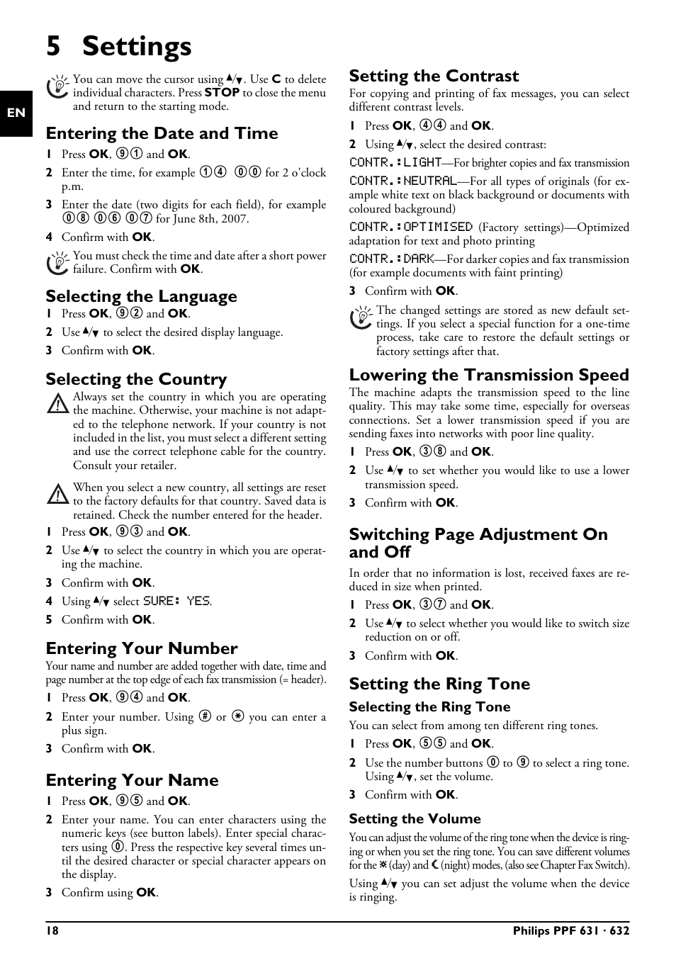 5 settings, Entering the date and time, Selecting the language | Selecting the country, Entering your number, Entering your name, Setting the contrast, Lowering the transmission speed, Setting the ring tone, Selecting the ring tone | Philips MAGIC 5 MAGIC5 User Manual | Page 18 / 32
