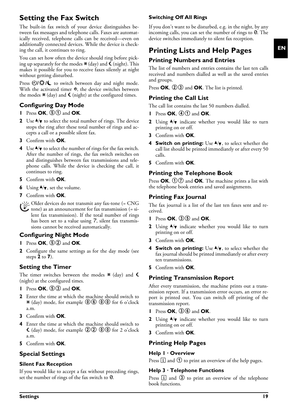 Setting the fax switch, Configuring day mode, Configuring night mode | Setting the timer, Special settings, Printing numbers and entries, Printing the call list, Printing the telephone book, Printing fax journal, Printing transmission report | Philips MAGIC 5 MAGIC5 User Manual | Page 19 / 32
