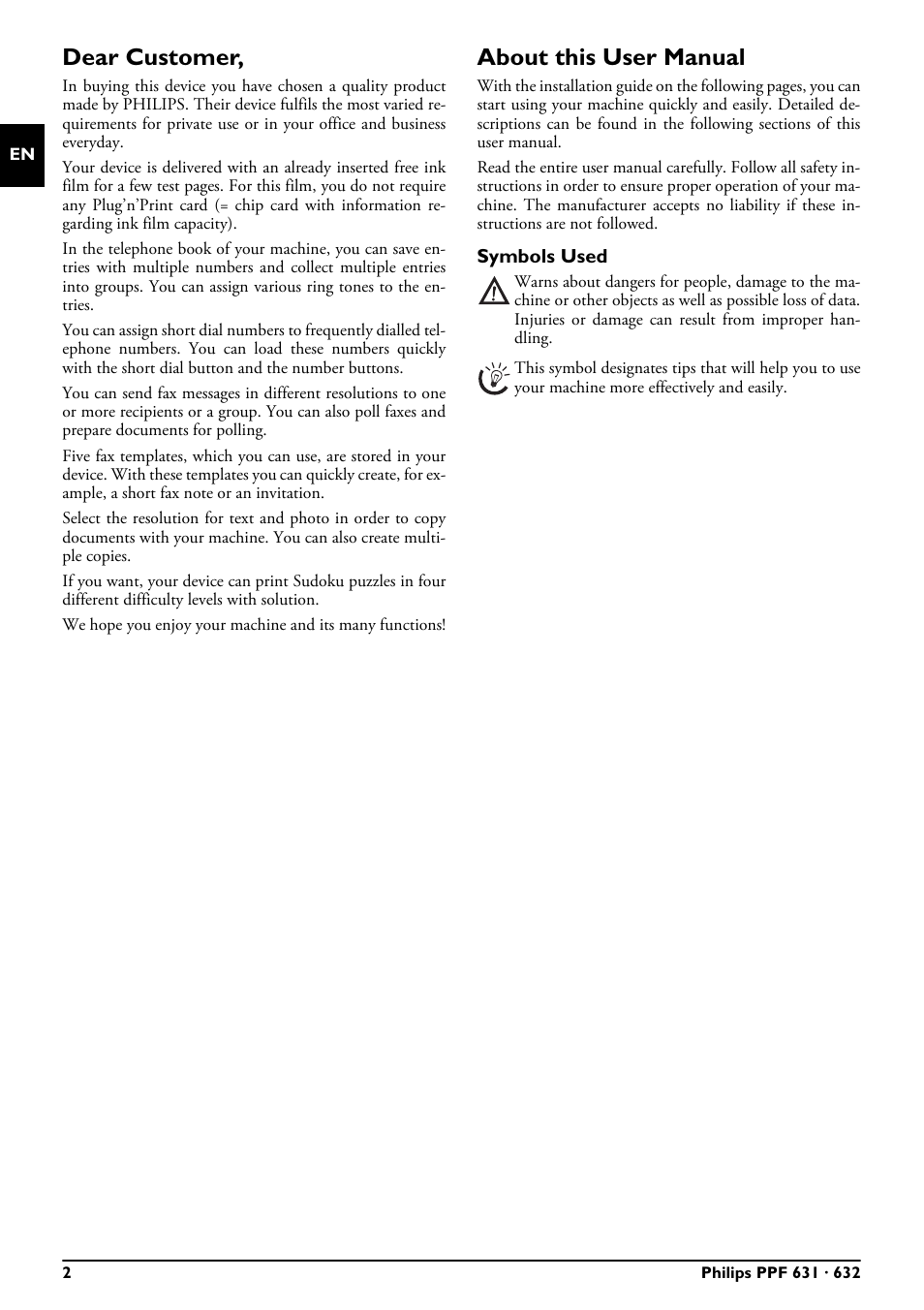 Dear customer, About this user manual, Symbols used | Philips MAGIC 5 MAGIC5 User Manual | Page 2 / 32