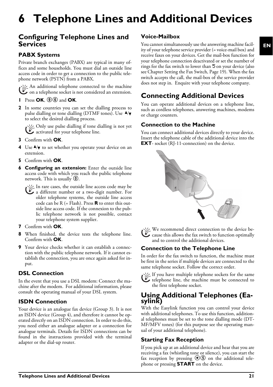 6 telephone lines and additional devices, Configuring telephone lines and services, Pabx systems | Dsl connection, Isdn connection, Voice-mailbox, Connecting additional devices, Connection to the machine, Connection to the telephone line, Using additional telephones (easylink) | Philips MAGIC 5 MAGIC5 User Manual | Page 21 / 32