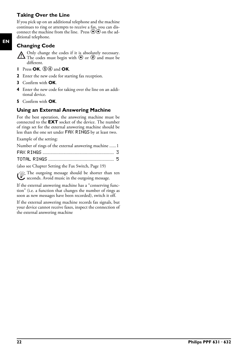 Taking over the line, Changing code, Using an external answering machine | Philips MAGIC 5 MAGIC5 User Manual | Page 22 / 32