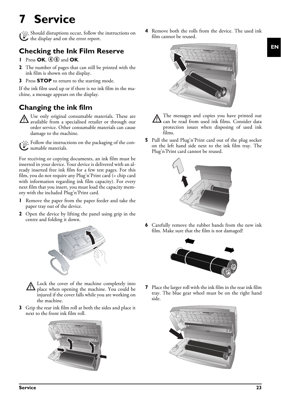 7 service, Checking the ink film reserve, Changing the ink film | Philips MAGIC 5 MAGIC5 User Manual | Page 23 / 32