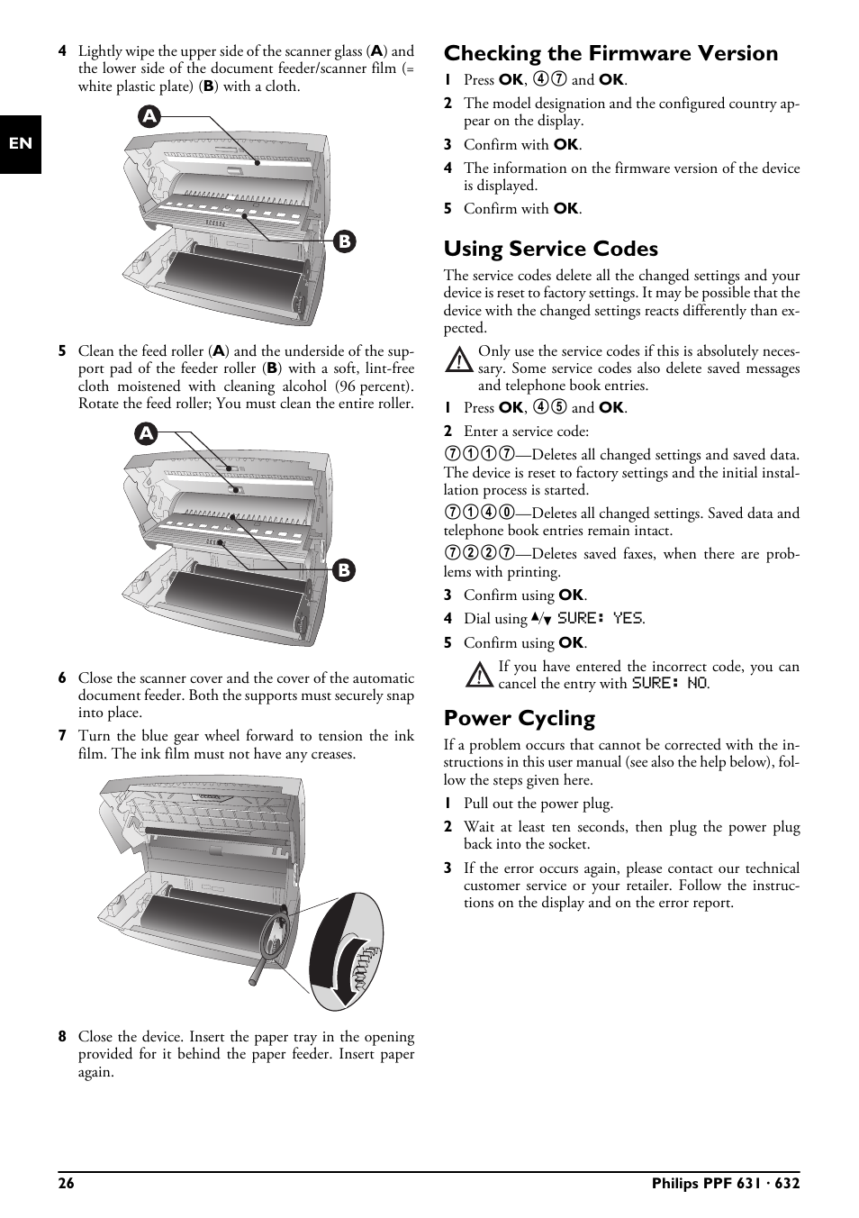 Checking the firmware version, Using service codes, Power cycling | Philips MAGIC 5 MAGIC5 User Manual | Page 26 / 32