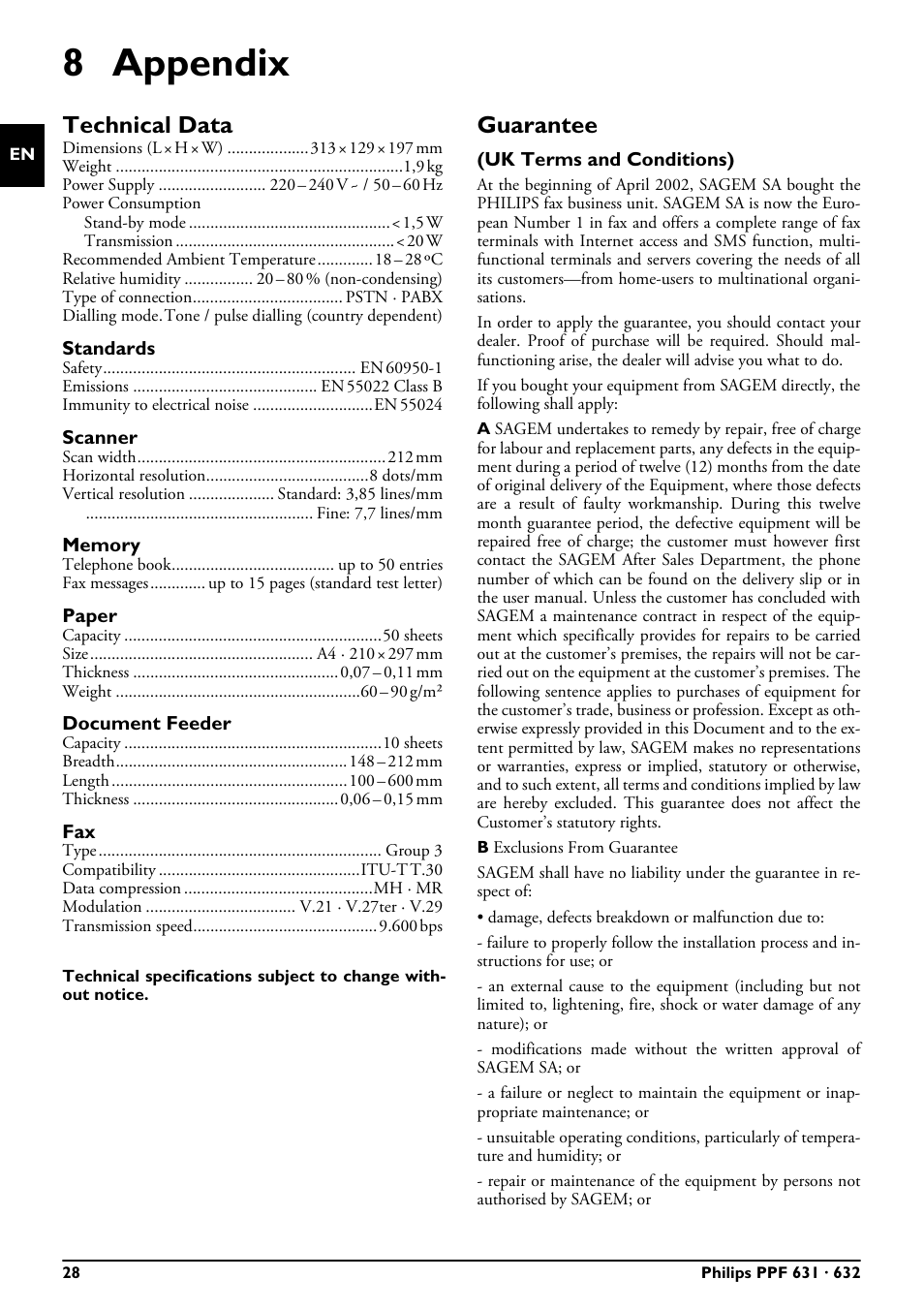 8 appendix, Technical data, Standards | Scanner, Memory, Paper, Document feeder, Guarantee, Technical data guarantee, Uk terms and conditions) | Philips MAGIC 5 MAGIC5 User Manual | Page 28 / 32