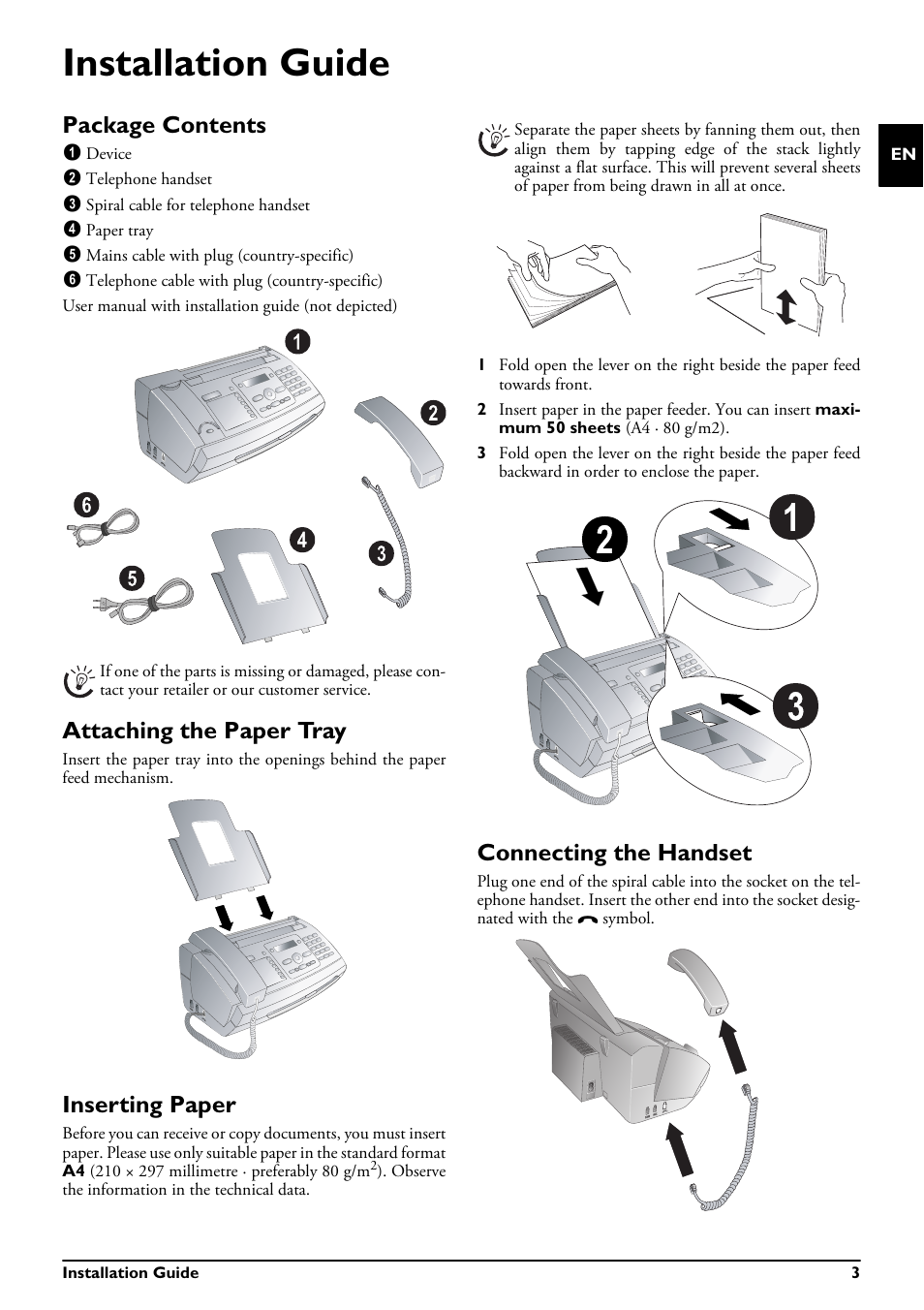 Installation guide, Package contents, Attaching the paper tray | Inserting paper, Connecting the handset | Philips MAGIC 5 MAGIC5 User Manual | Page 3 / 32