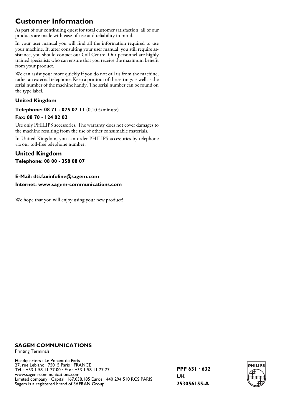 Customer information, United kingdom | Philips MAGIC 5 MAGIC5 User Manual | Page 32 / 32