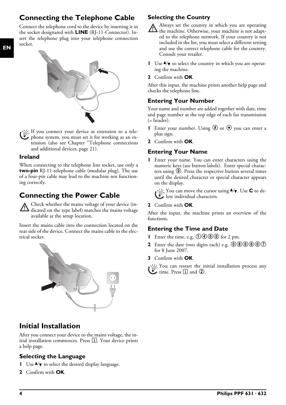 Connecting the telephone cable, Ireland, Connecting the power cable | Initial installation, Selecting the language, Selecting the country, Entering your number, Entering your name, Entering the time and date | Philips MAGIC 5 MAGIC5 User Manual | Page 4 / 32
