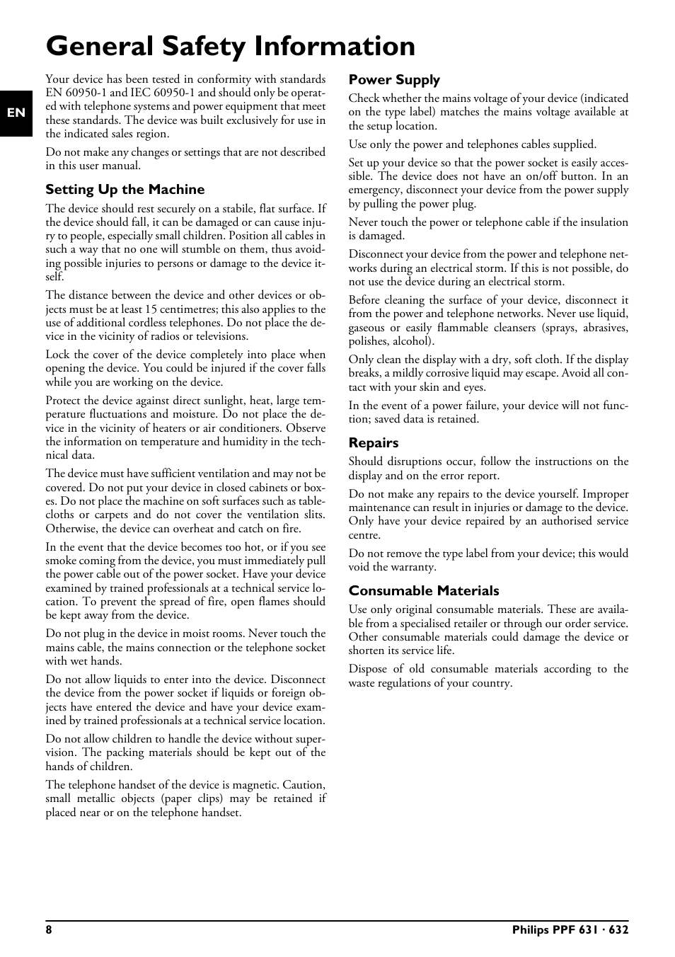 General safety information, Setting up the machine, Power supply | Repairs, Consumable materials, Use only the power and telephones cables supplied | Philips MAGIC 5 MAGIC5 User Manual | Page 8 / 32