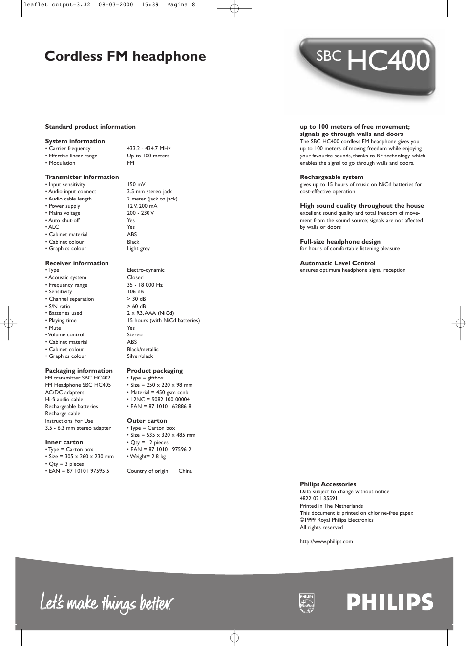 Hc400, Cordless fm headphone | Philips SBC HC400 User Manual | Page 2 / 2