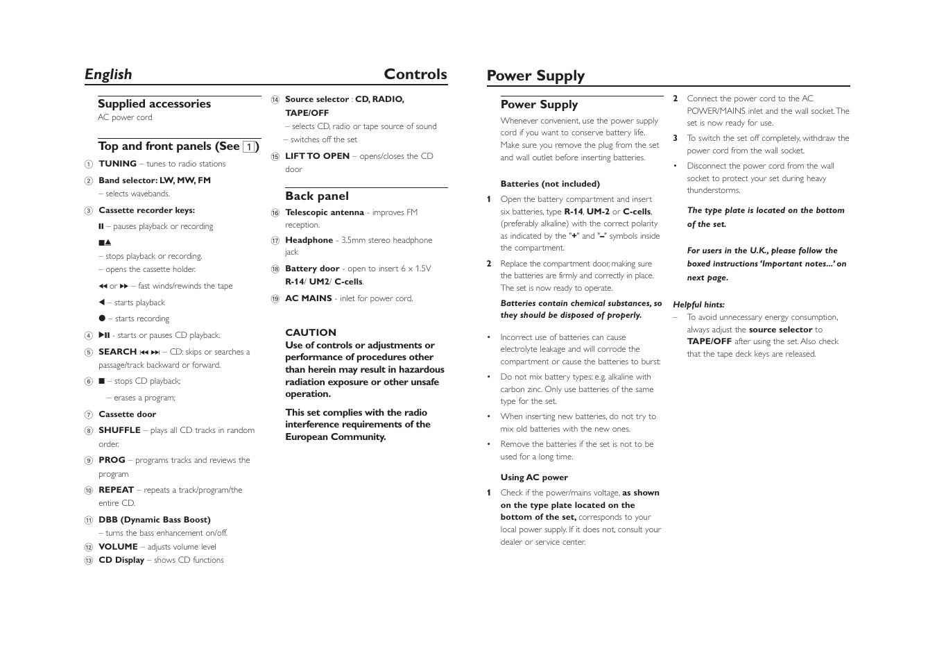 English controls, Power supply | Philips AZ1220 User Manual | Page 3 / 7