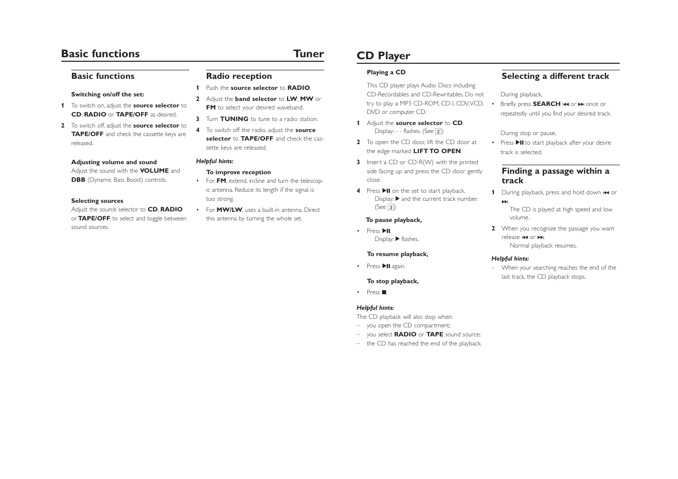 Basic functions tuner, Cd player | Philips AZ1220 User Manual | Page 4 / 7