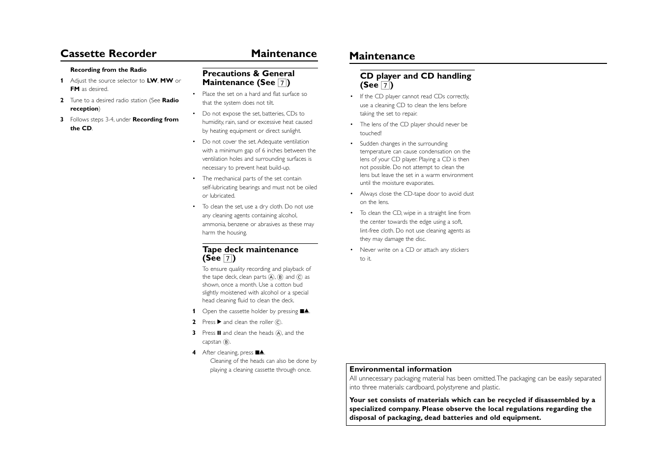 Cassette recorder maintenance, Maintenance | Philips AZ1220 User Manual | Page 6 / 7