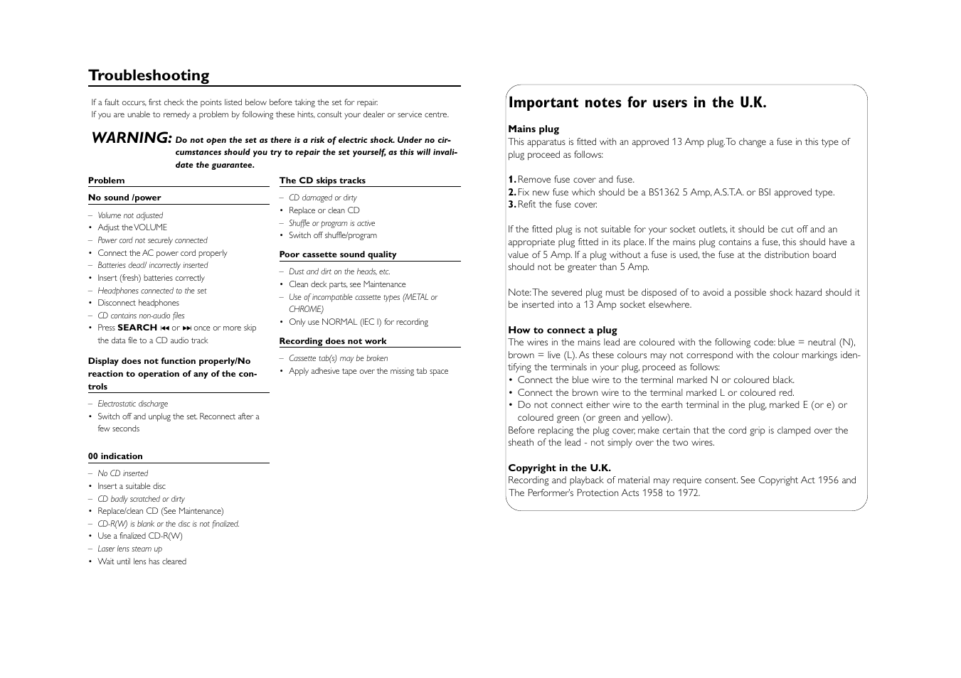 Troubleshooting, Warning | Philips AZ1220 User Manual | Page 7 / 7