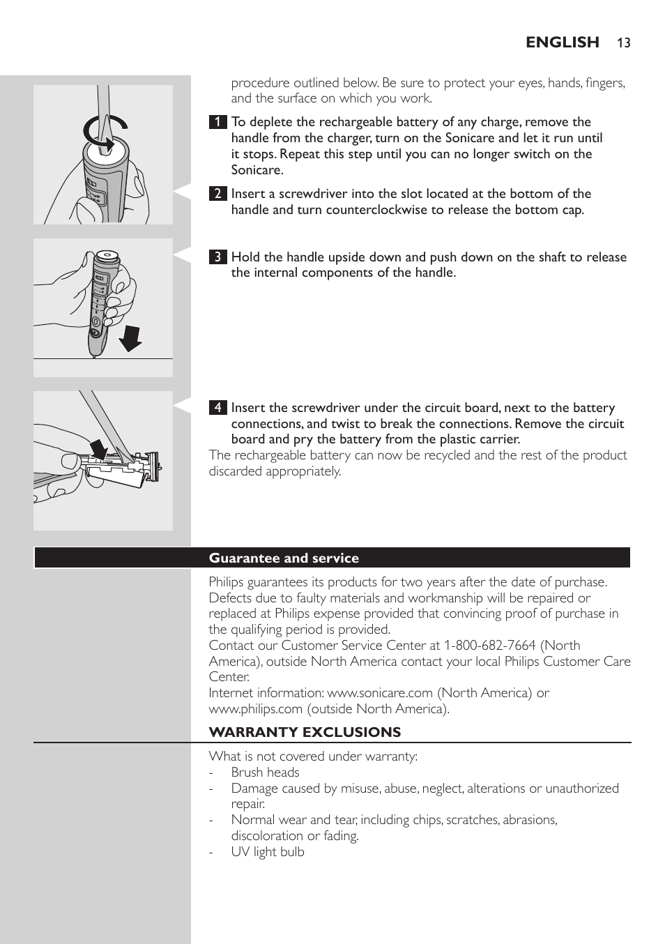 Guarantee and service, Warranty exclusions | Philips 900 Series User Manual | Page 13 / 44