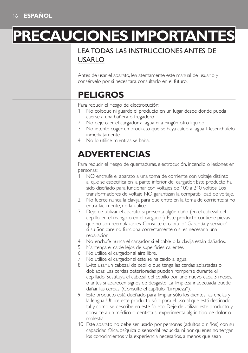 Español, Precauciones importantes, Peligros | Advertencias, Lea todas las instrucciones antes de usarlo | Philips 900 Series User Manual | Page 16 / 44