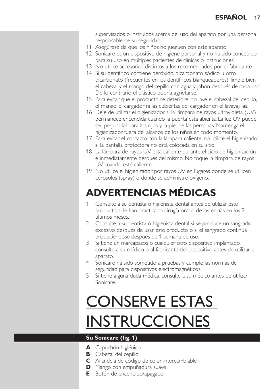 Advertencias médicas, Su sonicare (fig. 1), Conserve estas instrucciones | Philips 900 Series User Manual | Page 17 / 44