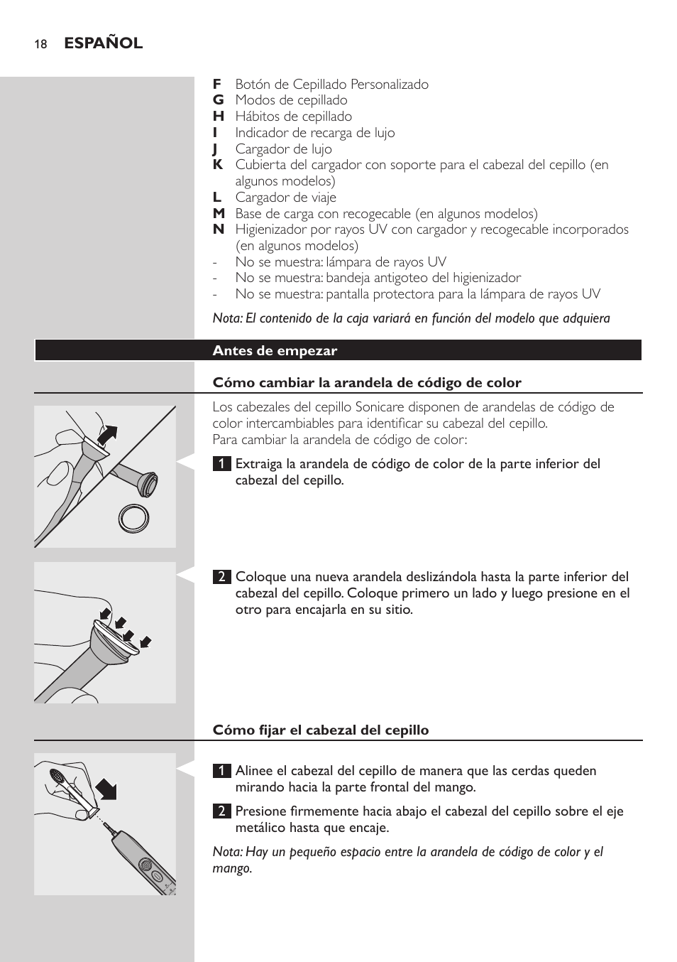 Antes de empezar, Cómo cambiar la arandela de código de color, Cómo fijar el cabezal del cepillo | Carga de sonicare, Indicador de recarga de lujo, Español | Philips 900 Series User Manual | Page 18 / 44