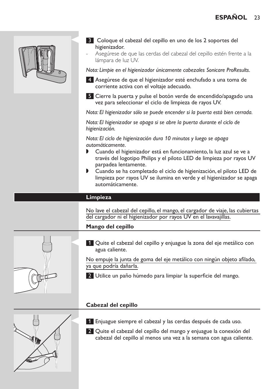 Limpieza, Mango del cepillo, Cabezal del cepillo | Philips 900 Series User Manual | Page 23 / 44