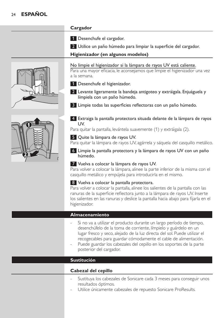 Cargador, Higienizador (en algunos modelos), Almacenamiento | Sustitución, Cabezal del cepillo | Philips 900 Series User Manual | Page 24 / 44