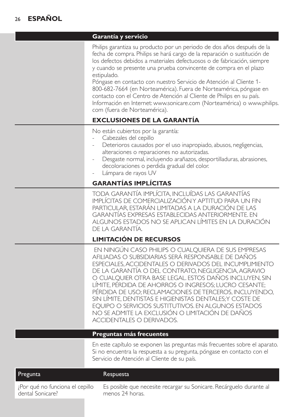 Garantía y servicio, Exclusiones de la garantía, Garantías implícitas | Limitación de recursos, Preguntas más frecuentes | Philips 900 Series User Manual | Page 26 / 44