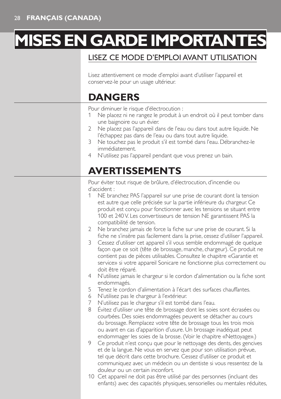 Français (canada), Mises en garde importantes, Dangers | Avertissements, Lisez ce mode d’emploi avant utilisation | Philips 900 Series User Manual | Page 28 / 44