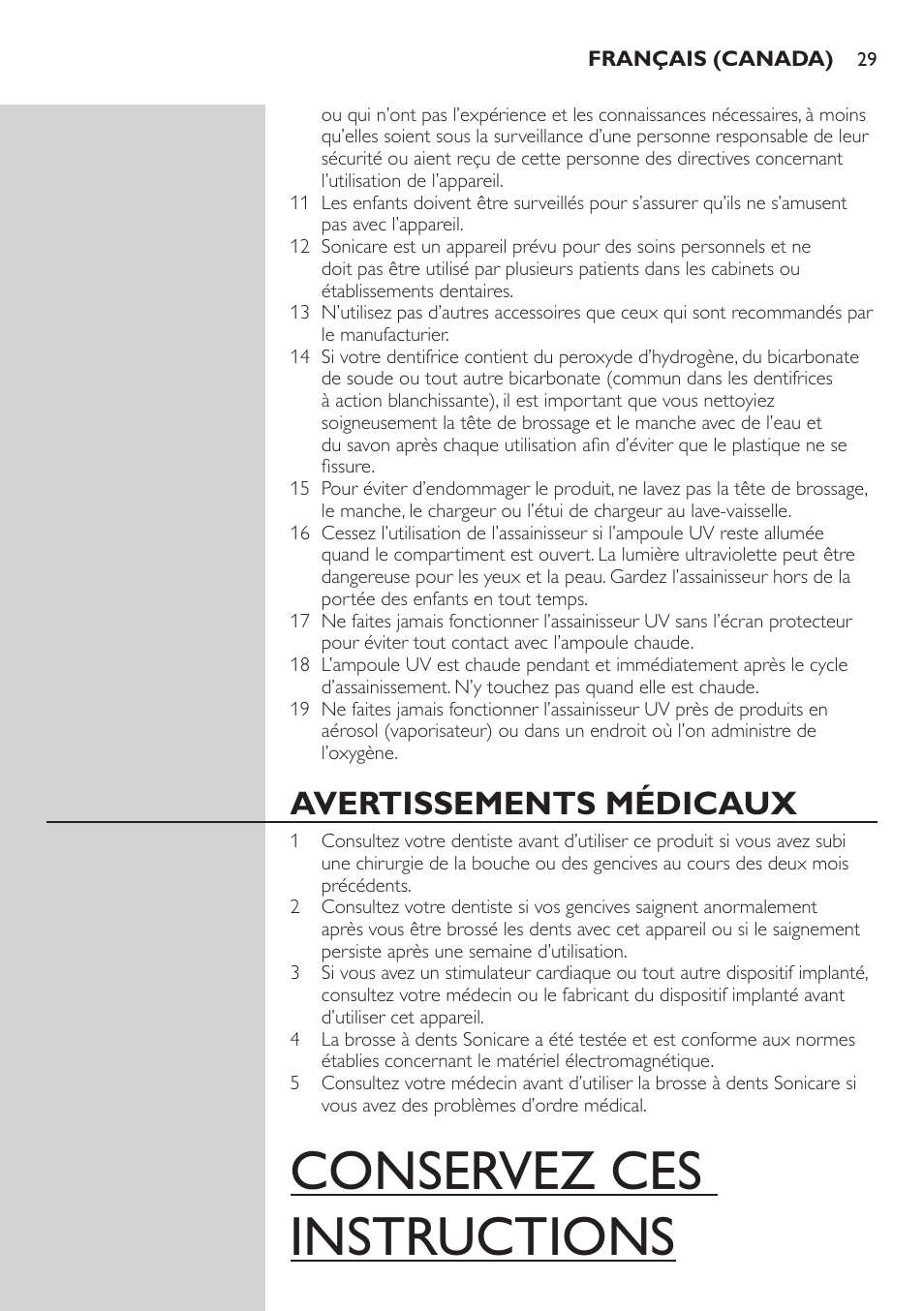 Avertissements médicaux, Votre brosse à dents sonicare (fig. 1), Conservez ces instructions | Philips 900 Series User Manual | Page 29 / 44