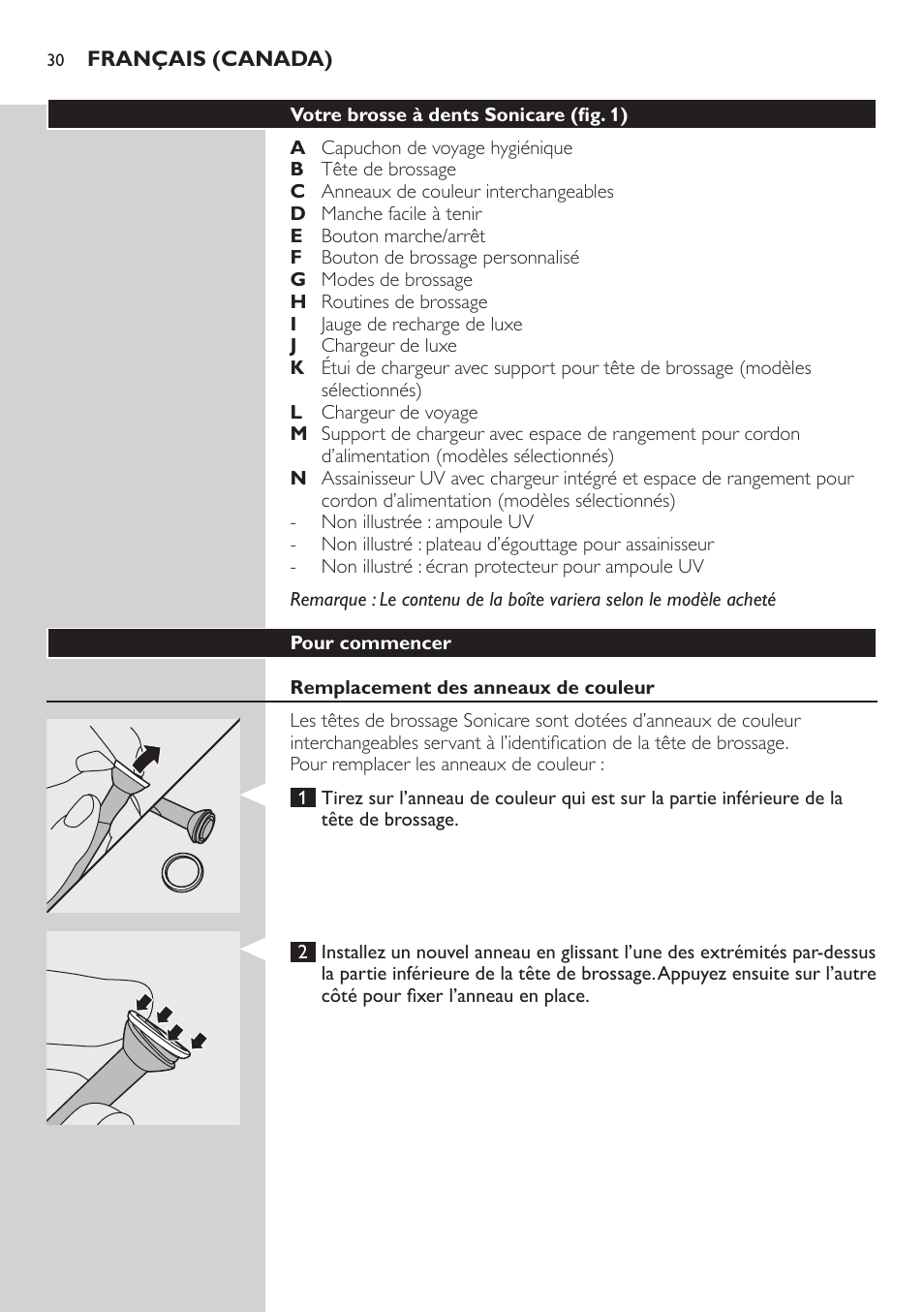 Pour commencer, Remplacement des anneaux de couleur, Fixation de la tête de brossage | Pour charger votre sonicare | Philips 900 Series User Manual | Page 30 / 44