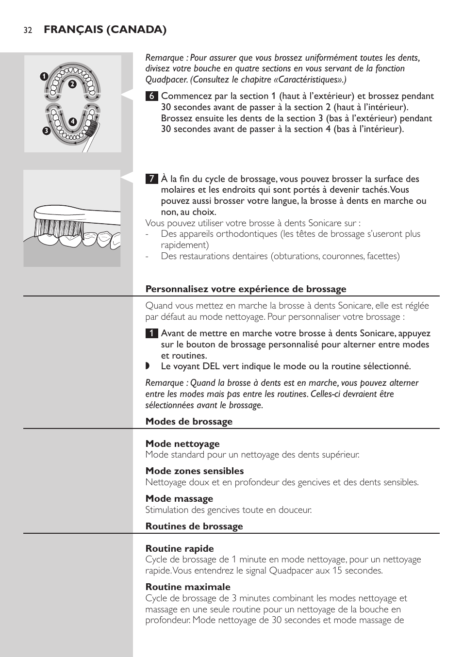 Personnalisez votre expérience de brossage, Modes de brossage, Mode nettoyage | Mode zones sensibles, Mode massage, Routines de brossage, Routine rapide, Routine maximale | Philips 900 Series User Manual | Page 32 / 44