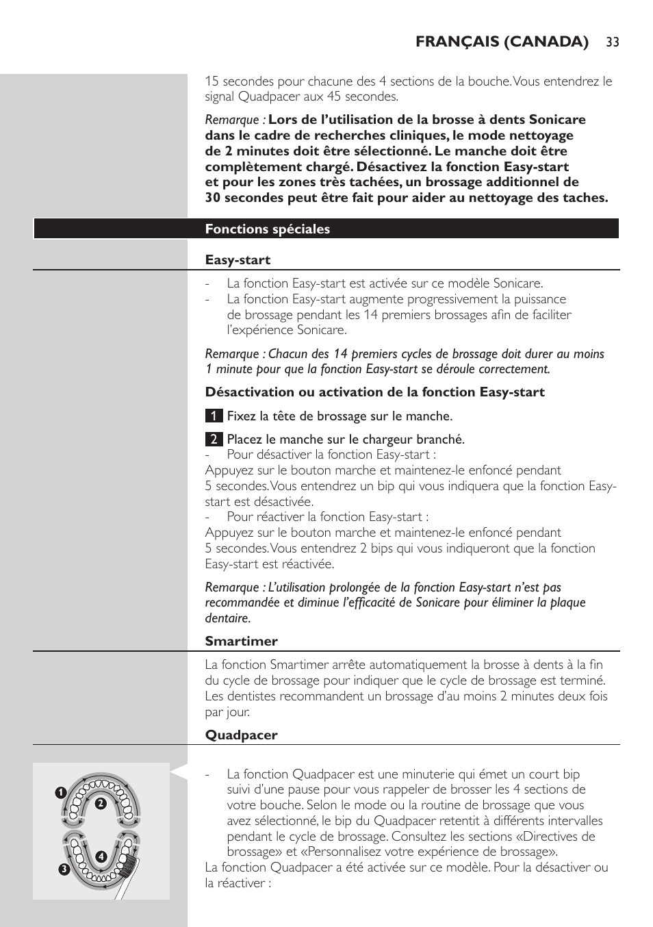 Fonctions spéciales, Easy-start, Smartimer | Quadpacer | Philips 900 Series User Manual | Page 33 / 44