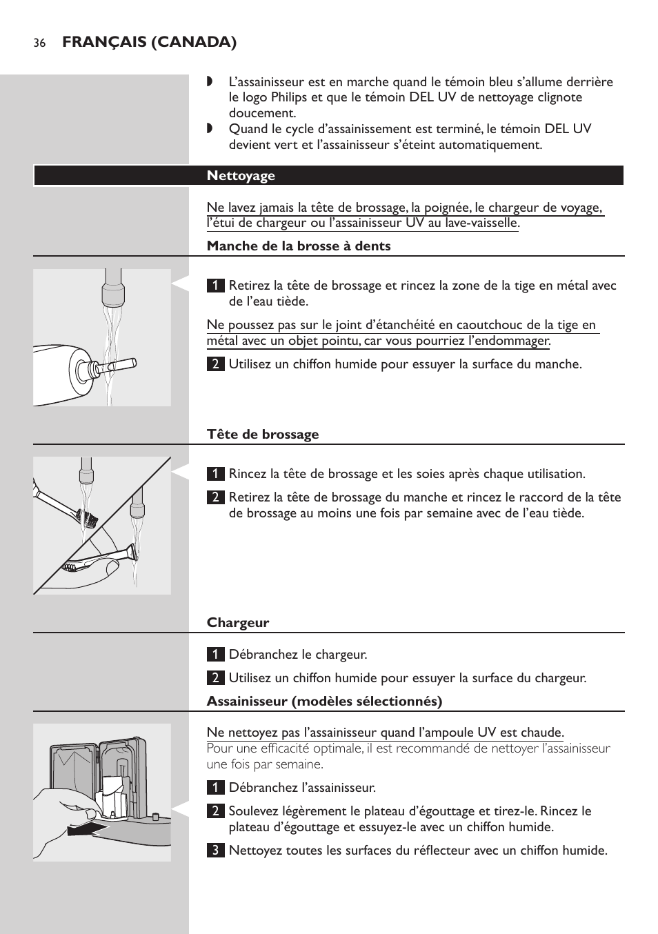 Manche de la brosse à dents, Tête de brossage, Chargeur | Assainisseur (modèles sélectionnés) | Philips 900 Series User Manual | Page 36 / 44