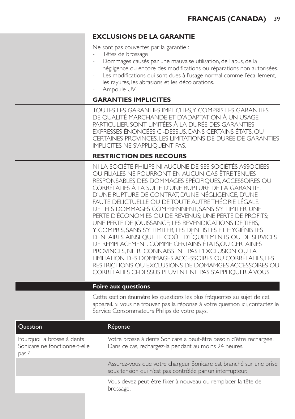 Garanties implicites, Restriction des recours, Foire aux questions | Philips 900 Series User Manual | Page 39 / 44