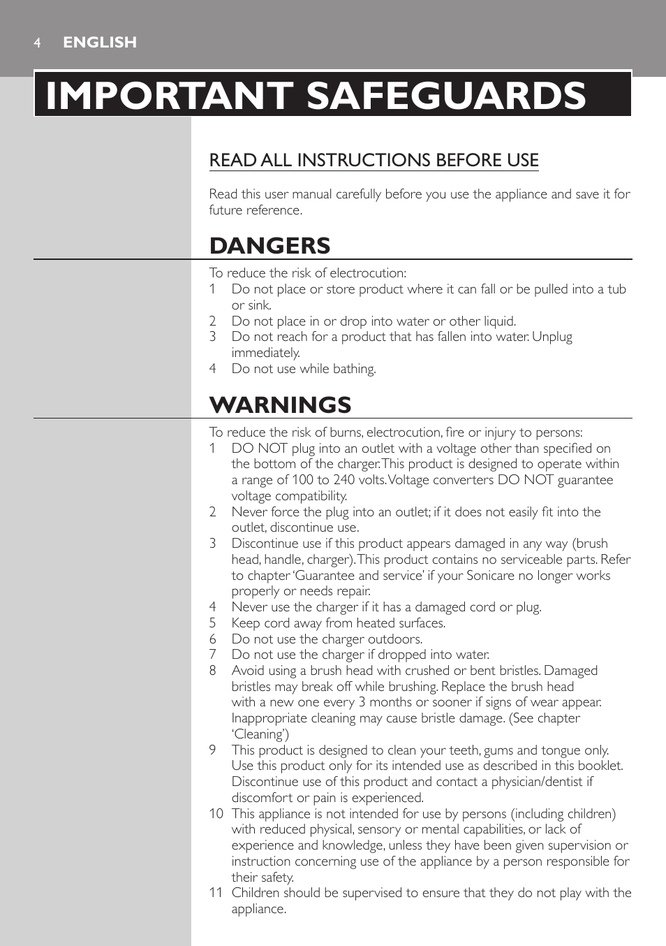 English, Important safeguards, Dangers | Warnings, Read all instructions before use | Philips 900 Series User Manual | Page 4 / 44