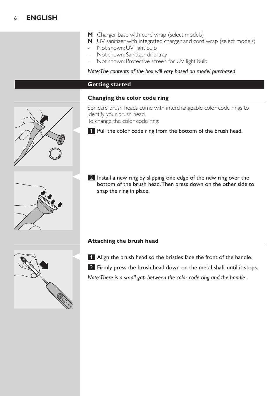 Getting started, Changing the color code ring, Attaching the brush head | Charging your sonicare, Deluxe recharge gauge, English | Philips 900 Series User Manual | Page 6 / 44